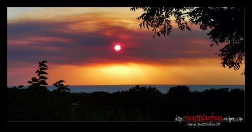 Australian Bush Fire sunset over the Indian Ocean Panorama111AAA crop black WM 40% web